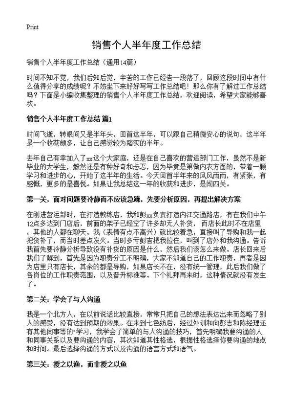 销售个人半年度工作总结14篇