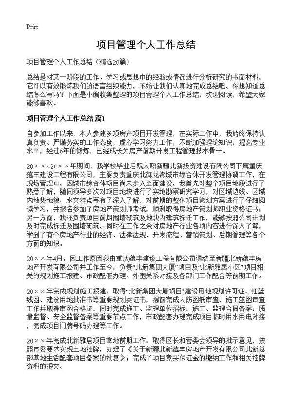 项目管理个人工作总结20篇