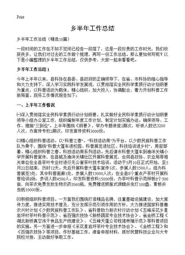 乡半年工作总结10篇