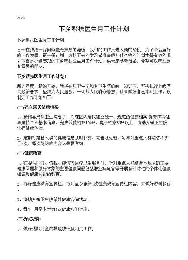 下乡帮扶医生月工作计划