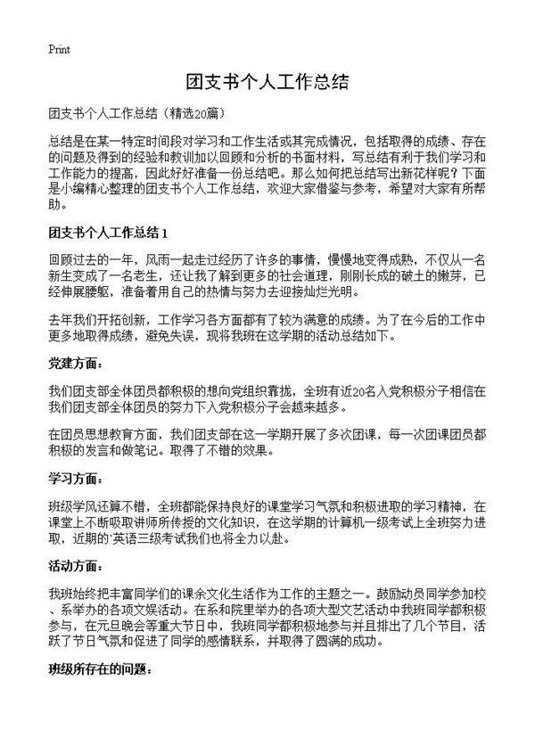 团支书个人工作总结20篇