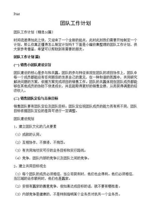 团队工作计划16篇