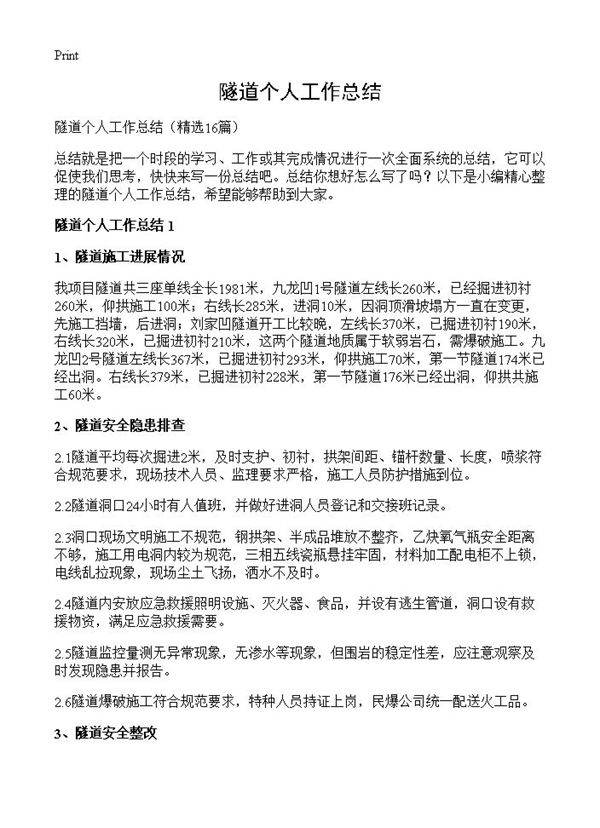 隧道个人工作总结16篇