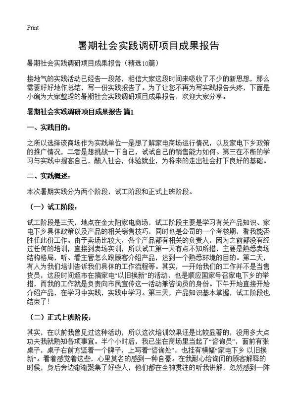 暑期社会实践调研项目成果报告10篇