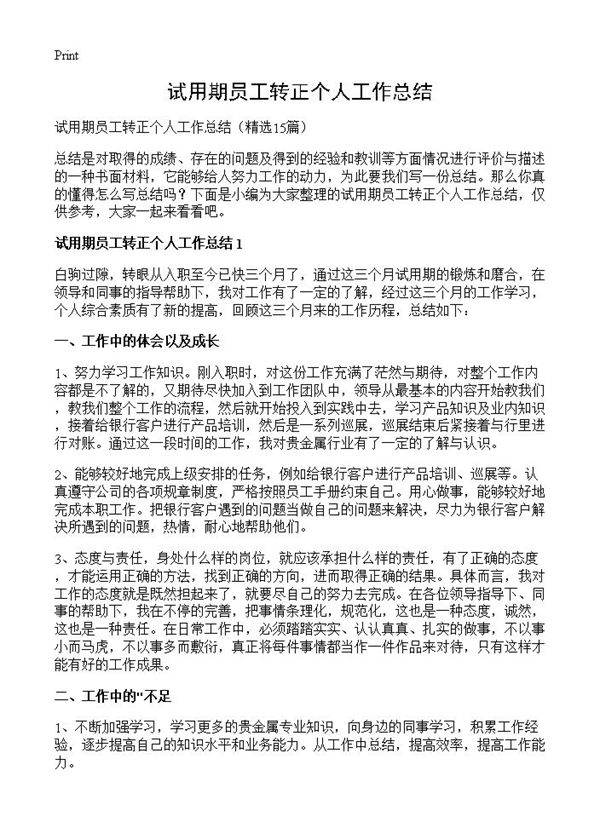 试用期员工转正个人工作总结15篇