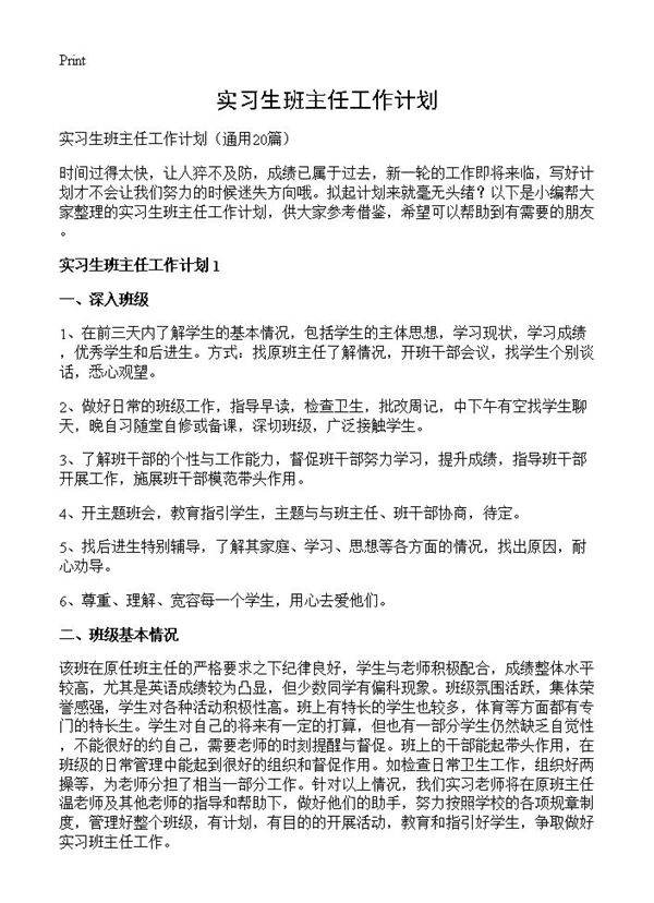 实习生班主任工作计划20篇
