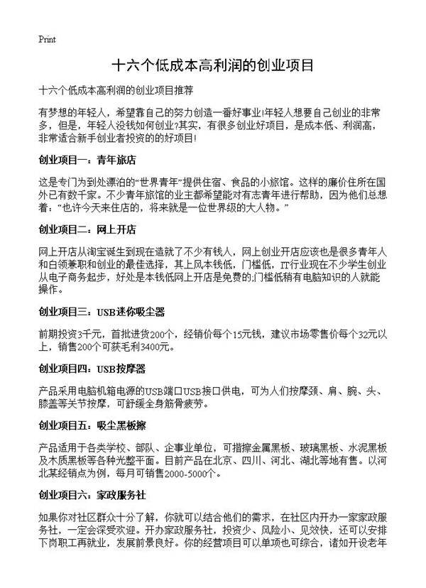 十六个低成本高利润的创业项目