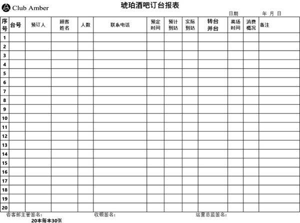 酒吧订台表模板