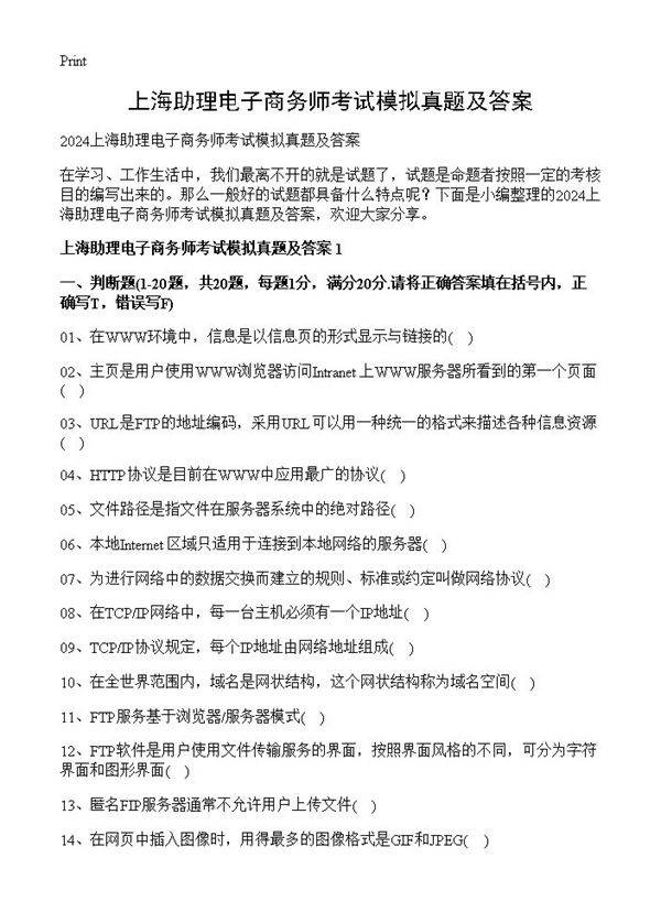 上海助理电子商务师考试模拟真题及答案
