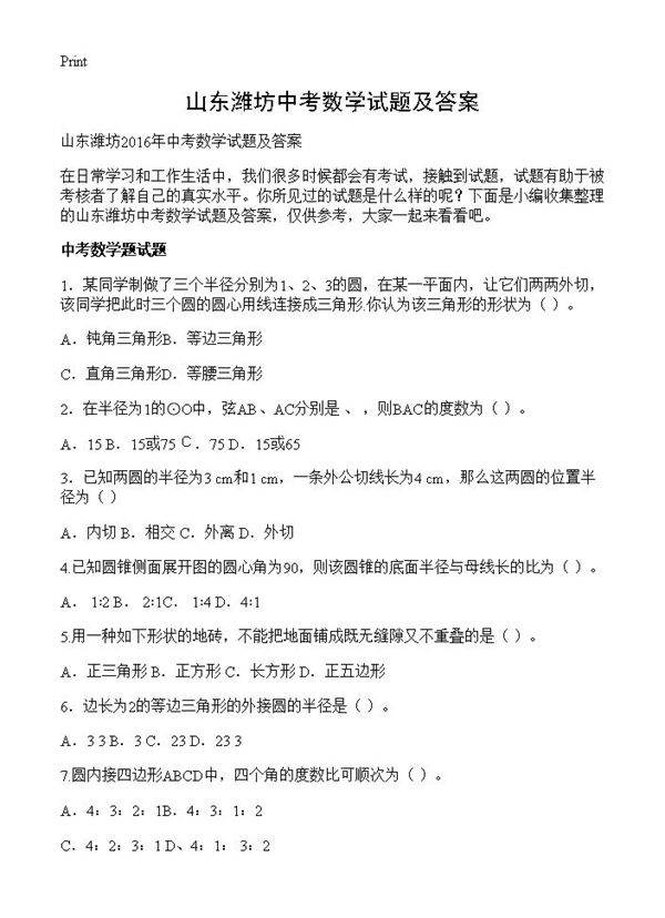 山东潍坊中考数学试题及答案