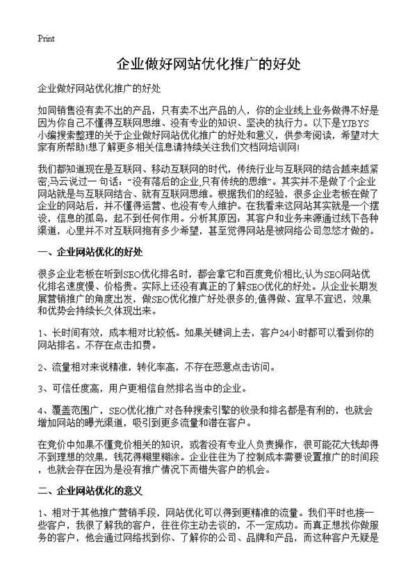 企业做好网站优化推广的好处