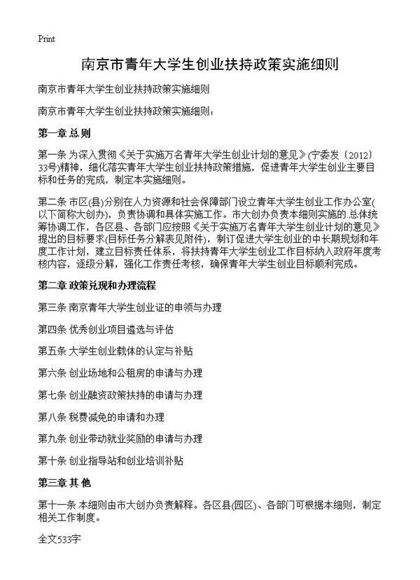 南京市青年大学生创业扶持政策实施细则