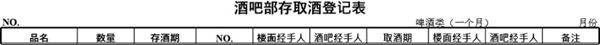 酒吧部存取酒登记表(一个月)