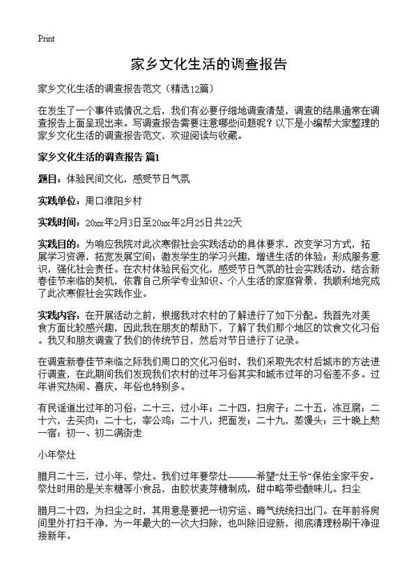 家乡文化生活的调查报告12篇