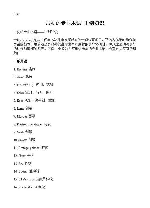 击剑的专业术语击剑知识