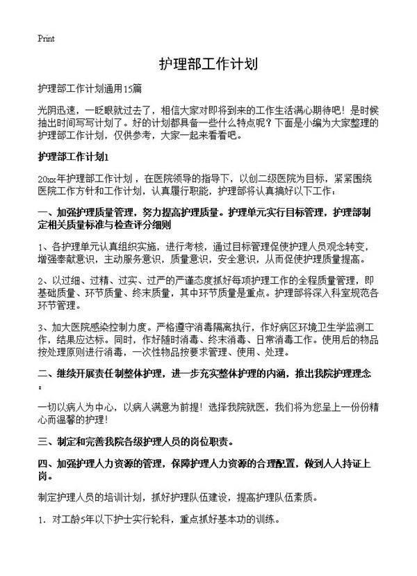 护理部工作计划