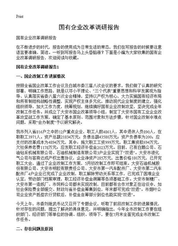 国有企业改革调研报告
