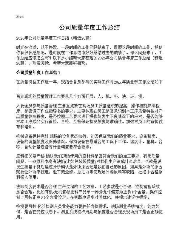 公司质量年度工作总结20篇