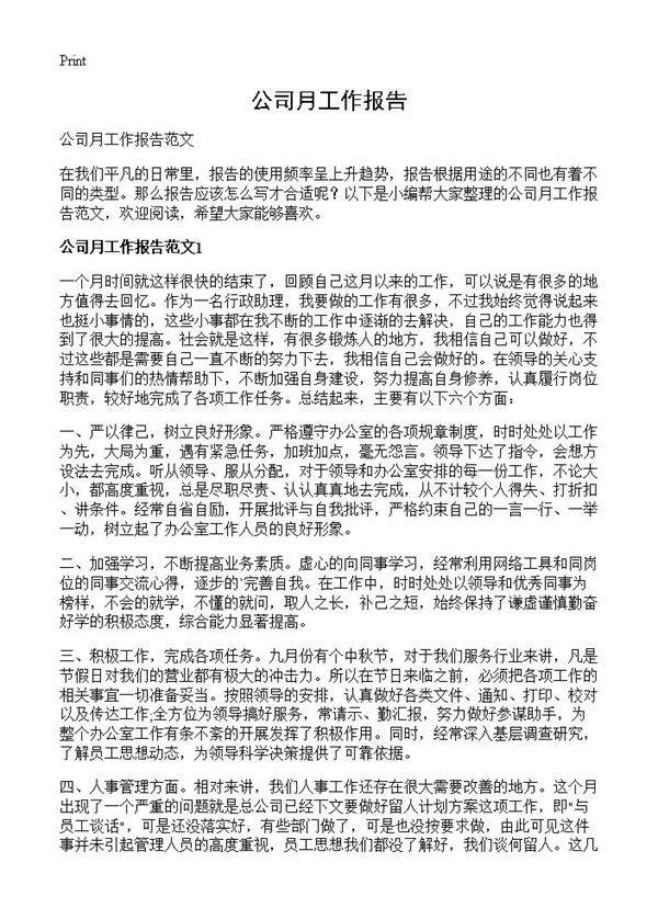 公司月工作报告