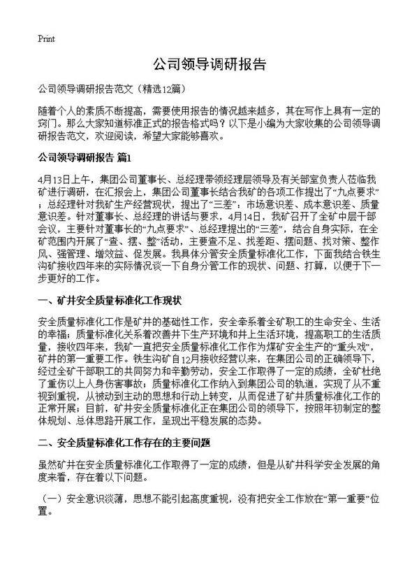公司领导调研报告12篇