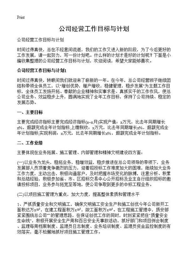 公司经营工作目标与计划