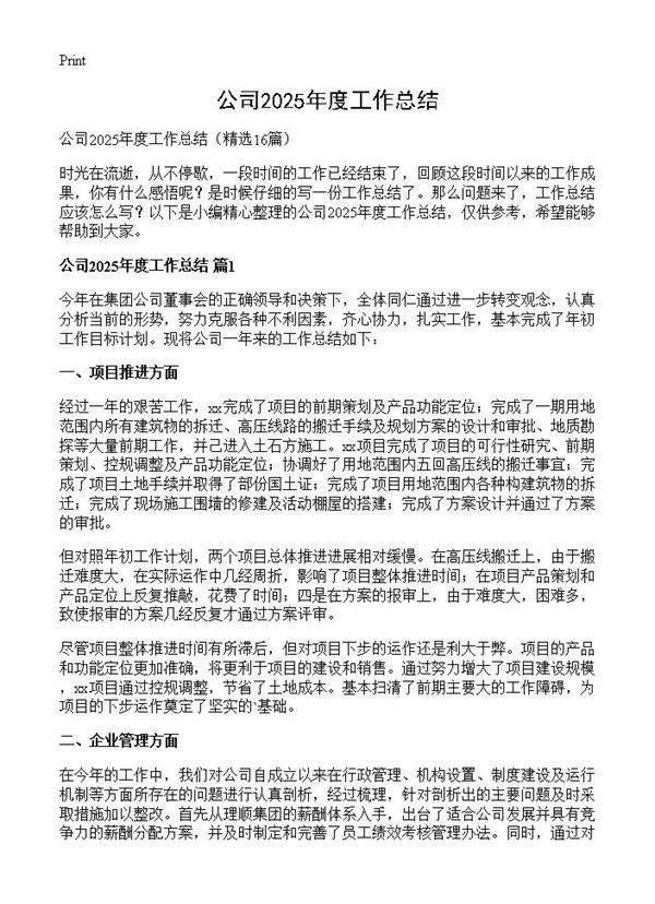 公司2025年度工作总结16篇