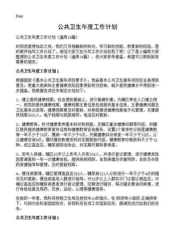 公共卫生年度工作计划14篇