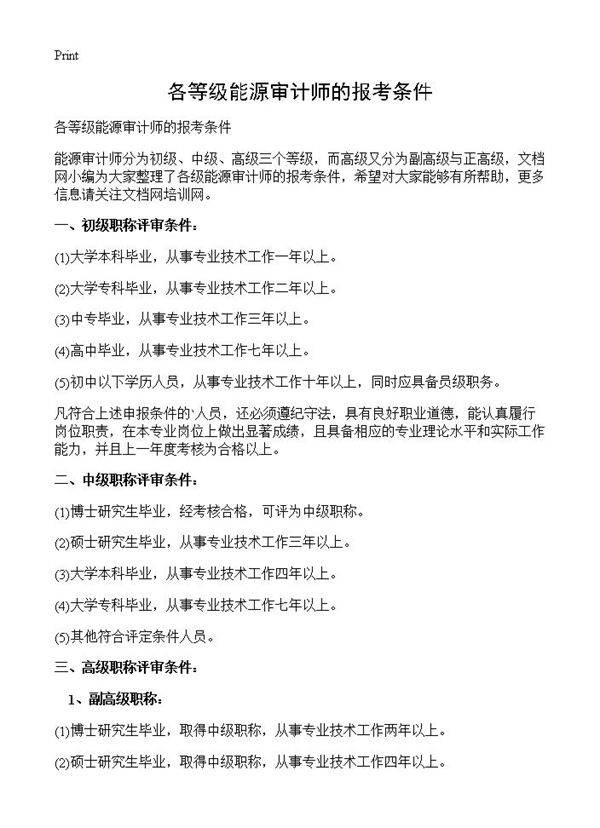 各等级能源审计师的报考条件