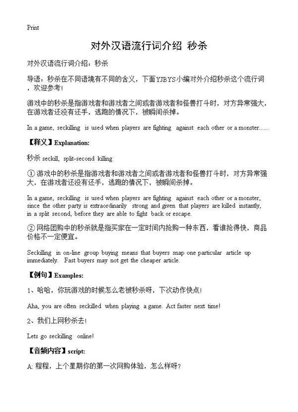 对外汉语流行词介绍 秒杀