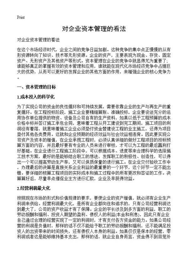 对企业资本管理的看法