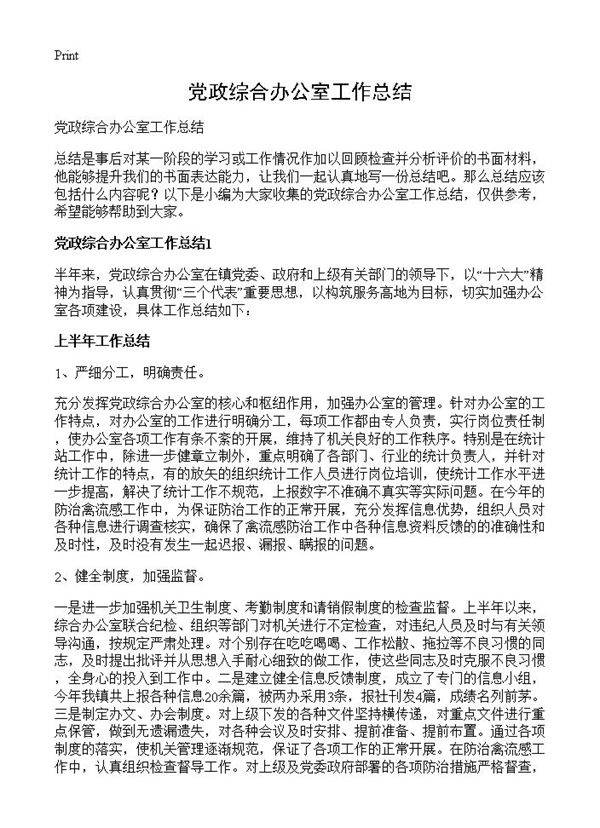 党政综合办公室工作总结