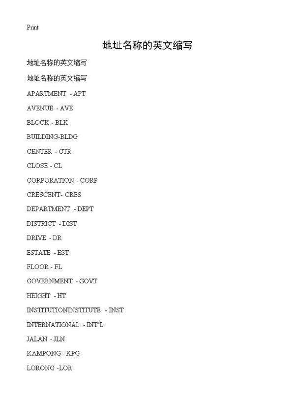 地址名称的英文缩写