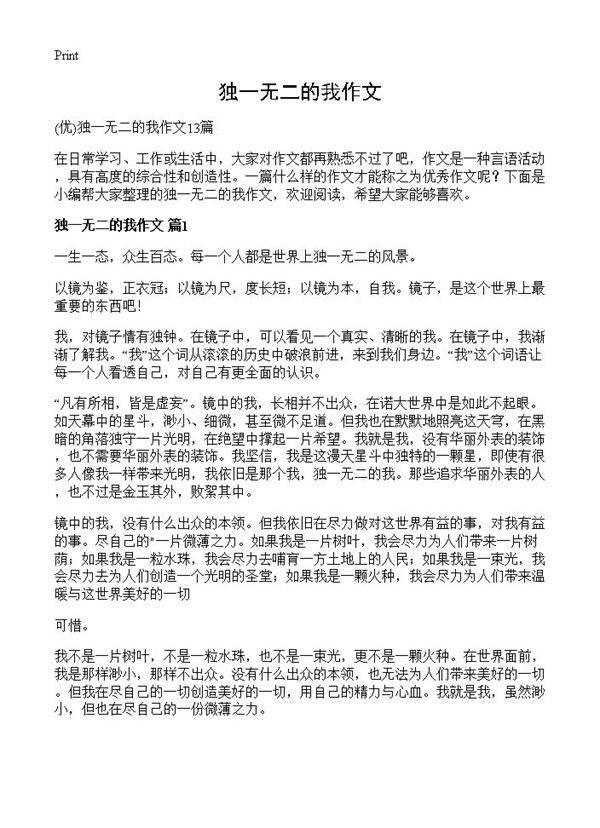 独一无二的我作文