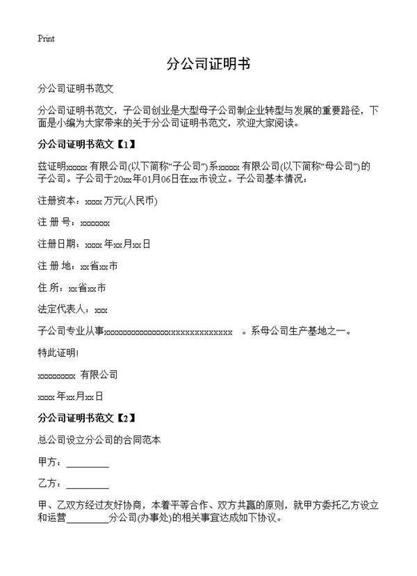 分公司证明书