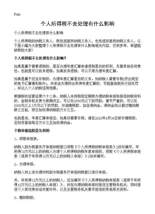 个人所得税不去处理有什么影响