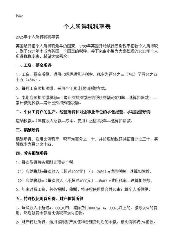 个人所得税税率表