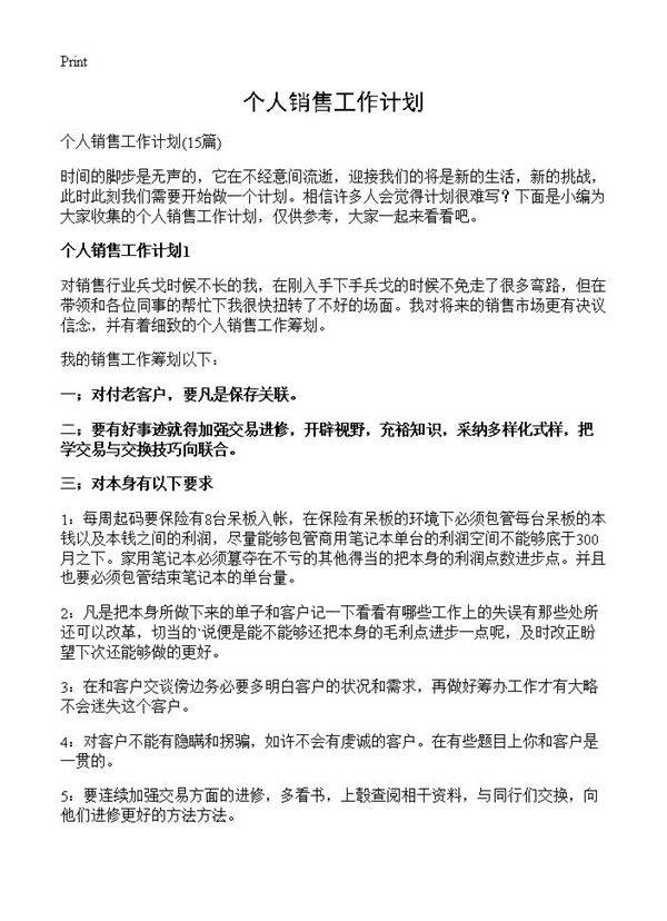 个人销售工作计划15篇