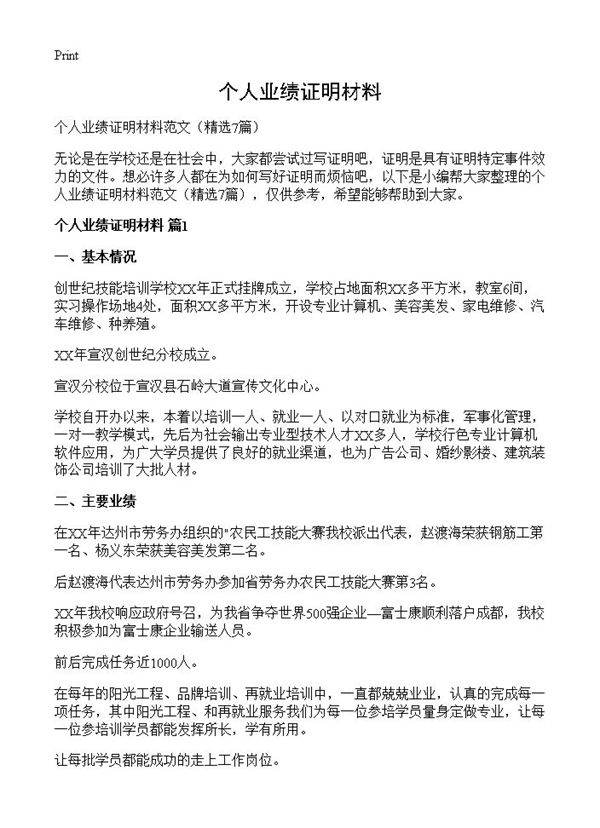 个人业绩证明材料7篇