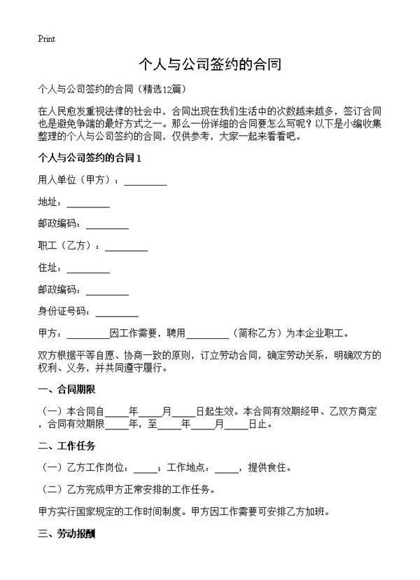 个人与公司签约的合同12篇