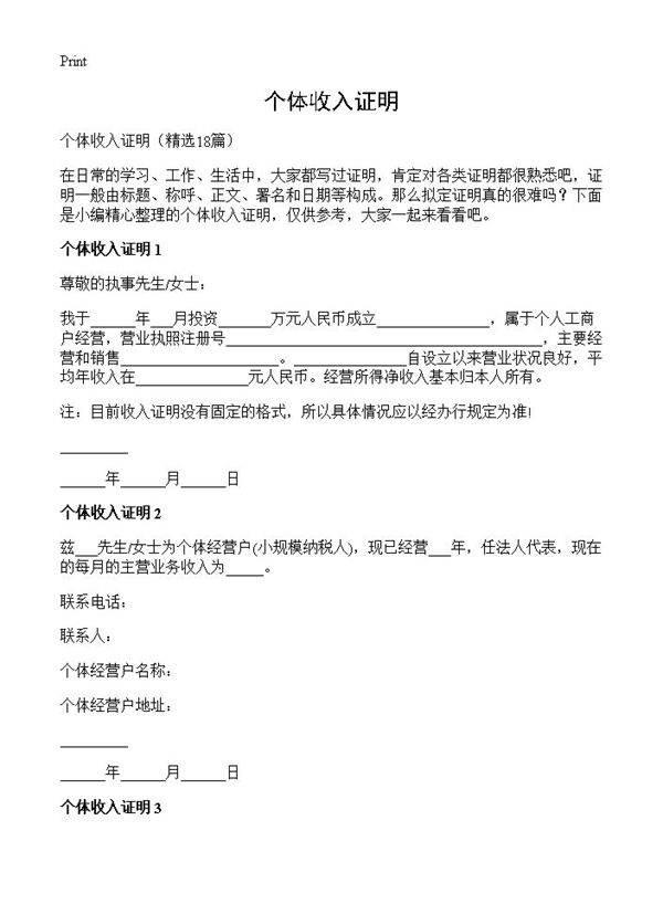 个体收入证明18篇