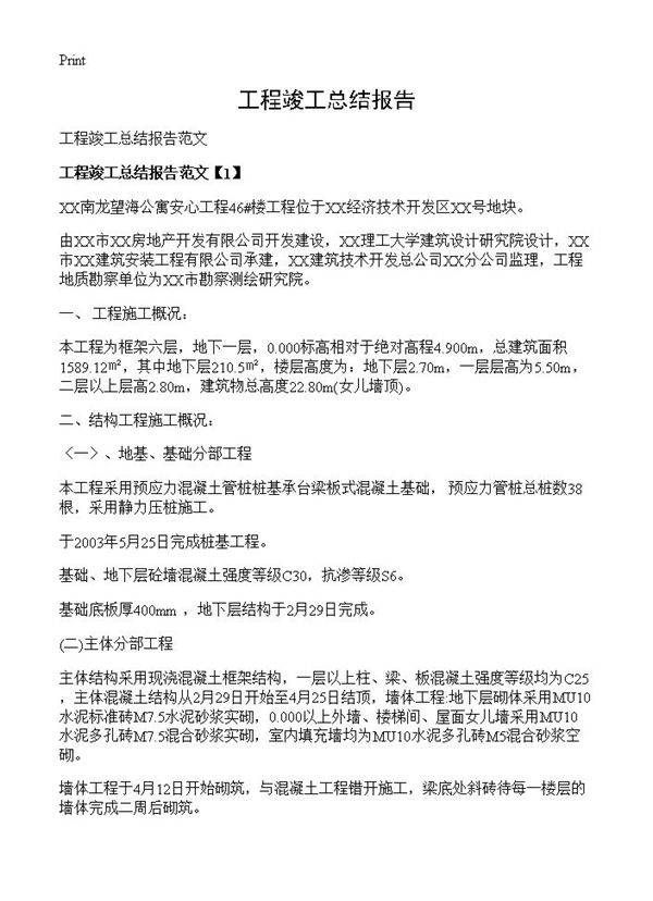 工程竣工总结报告