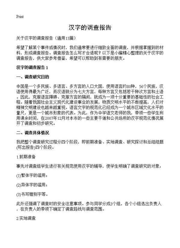 汉字的调查报告13篇
