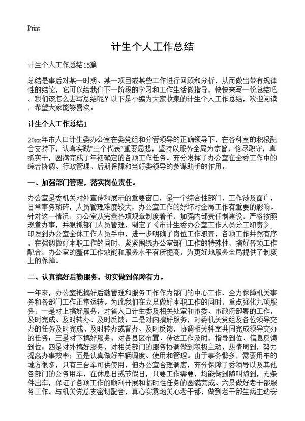 计生个人工作总结