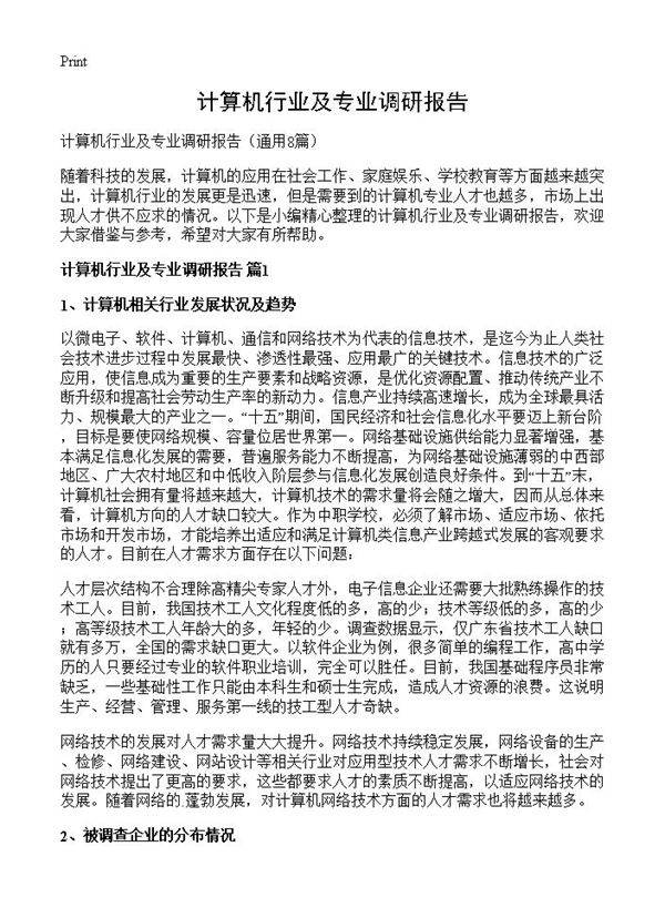 计算机行业及专业调研报告8篇