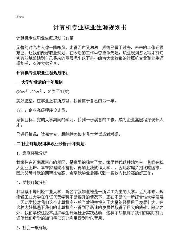 计算机专业职业生涯规划书