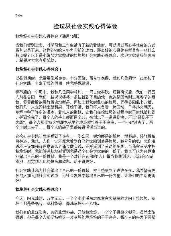 捡垃圾社会实践心得体会10篇