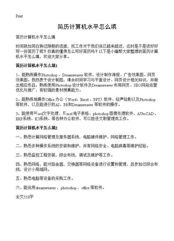 简历计算机水平怎么填