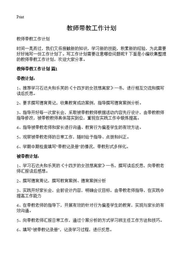 教师带教工作计划