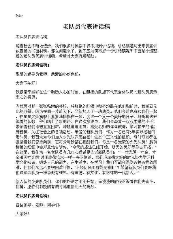 老队员代表讲话稿