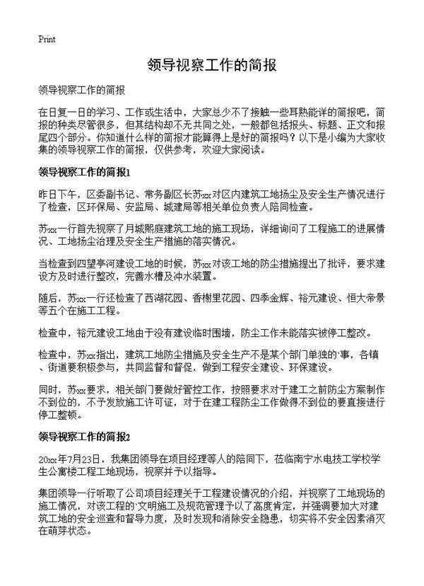 领导视察工作的简报
